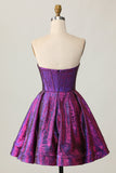 Dark Purple Corset Strapless Keyhole Metallic Short Prom Dress with Bow