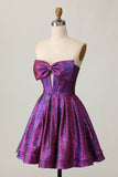 Dark Purple Corset Strapless Keyhole Metallic Short Prom Dress with Bow