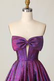 Dark Purple Corset Strapless Keyhole Metallic Short Prom Dress with Bow