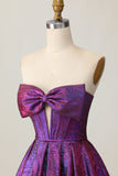 Dark Purple Corset Strapless Keyhole Metallic Short Prom Dress with Bow