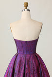 Dark Purple Corset Strapless Keyhole Metallic Short Prom Dress with Bow