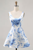 White and Blue Floral Satin Scoop Neck A Line Short Prom Dress