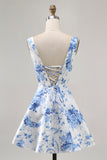 White and Blue Floral Satin Scoop Neck A Line Short Prom Dress
