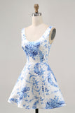 White and Blue Floral Satin Scoop Neck A Line Short Prom Dress