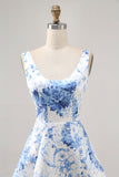 White and Blue Floral Satin Scoop Neck A Line Short Prom Dress