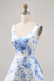 White and Blue Floral Satin Scoop Neck A Line Short Prom Dress