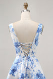 White and Blue Floral Satin Scoop Neck A Line Short Prom Dress