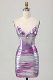 Metallic Silver Purple Bodycon Spaghetti Straps Ruched Short Prom Dress