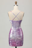 Metallic Silver Purple Bodycon Spaghetti Straps Ruched Short Prom Dress