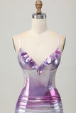Metallic Silver Purple Bodycon Spaghetti Straps Ruched Short Prom Dress