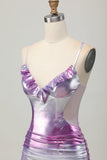 Metallic Silver Purple Bodycon Spaghetti Straps Ruched Short Prom Dress
