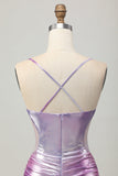 Metallic Silver Purple Bodycon Spaghetti Straps Ruched Short Prom Dress