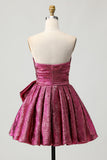 Short Dark Purple A Line Strapless Metallic Prom Dress with Bow