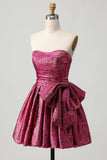 Short Dark Purple A Line Strapless Metallic Prom Dress with Bow