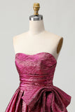 Short Dark Purple A Line Strapless Metallic Prom Dress with Bow