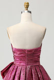 Short Dark Purple A Line Strapless Metallic Prom Dress with Bow