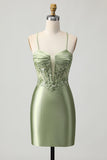 Sparkly Sage Green Corset Tight Short Satin Prom Dress with Sequins