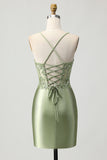 Sparkly Sage Green Corset Tight Short Satin Prom Dress with Sequins