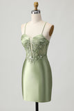 Sparkly Sage Green Corset Tight Short Satin Prom Dress with Sequins