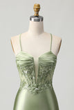 Sparkly Sage Green Corset Tight Short Satin Prom Dress with Sequins