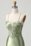 Sparkly Sage Green Corset Tight Short Satin Prom Dress with Sequins