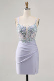 Lavender Satin Floral Corset Mini Prom Dress with Sequins