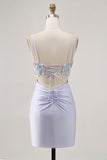 Lavender Satin Floral Corset Mini Prom Dress with Sequins