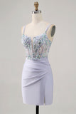 Lavender Satin Floral Corset Mini Prom Dress with Sequins