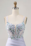 Lavender Satin Floral Corset Mini Prom Dress with Sequins