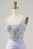 Lavender Satin Floral Corset Mini Prom Dress with Sequins