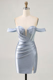 Sparkly Dusty Blue Satin Corset Tight Ruched Mini Prom Dress with Beading