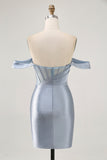 Sparkly Dusty Blue Satin Corset Tight Ruched Mini Prom Dress with Beading