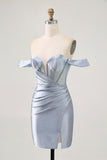 Sparkly Dusty Blue Satin Corset Tight Ruched Mini Prom Dress with Beading
