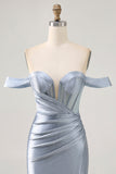 Sparkly Dusty Blue Satin Corset Tight Ruched Mini Prom Dress with Beading