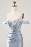 Sparkly Dusty Blue Satin Corset Tight Ruched Mini Prom Dress with Beading