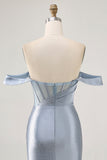 Sparkly Dusty Blue Satin Corset Tight Ruched Mini Prom Dress with Beading