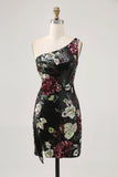 Sparkly Black Sequin Floral One Shoulder Mini Prom Dress with Fringes
