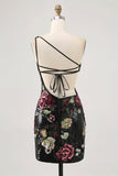Sparkly Black Sequin Floral One Shoulder Mini Prom Dress with Fringes