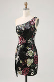Sparkly Black Sequin Floral One Shoulder Mini Prom Dress with Fringes