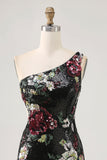 Sparkly Black Sequin Floral One Shoulder Mini Prom Dress with Fringes