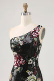 Sparkly Black Sequin Floral One Shoulder Mini Prom Dress with Fringes