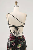 Sparkly Black Sequin Floral One Shoulder Mini Prom Dress with Fringes