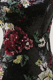 Sparkly Black Sequin Floral One Shoulder Mini Prom Dress with Fringes