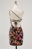 Sparkly Black Sequin Floral Mini Tight Prom Dress with Embroidery