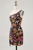 Sparkly Black Sequin Floral Mini Tight Prom Dress with Embroidery