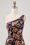 Sparkly Black Sequin Floral Mini Tight Prom Dress with Embroidery