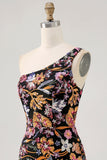 Sparkly Black Sequin Floral Mini Tight Prom Dress with Embroidery