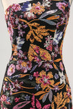 Sparkly Black Sequin Floral Mini Tight Prom Dress with Embroidery