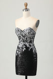 Sparkly Sweetheart Black Silver Tight Short Prom Dress with Sequins