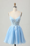 Sparkly Blue Corset A Line Appliqued Short Prom Dress with Sequins